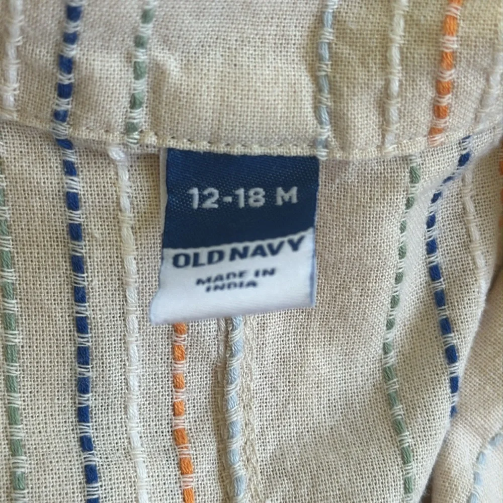 Old Navy peach embroidered texture striped Dobby pocket baby romper size 12-18M